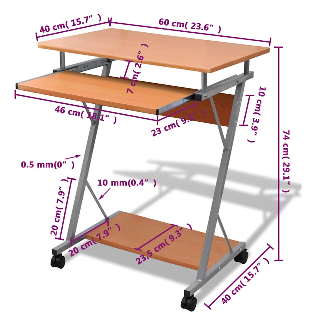 20052 vidaXL Compact Computer Desk with Pull-out Keyboard Tray Brown