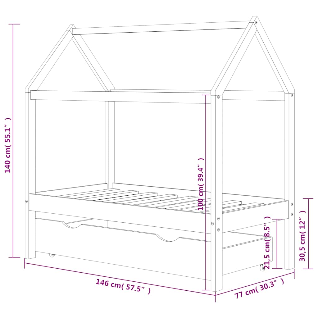 Kids Bed Frame with a Drawer Solid Pine Wood 70x140 cm
