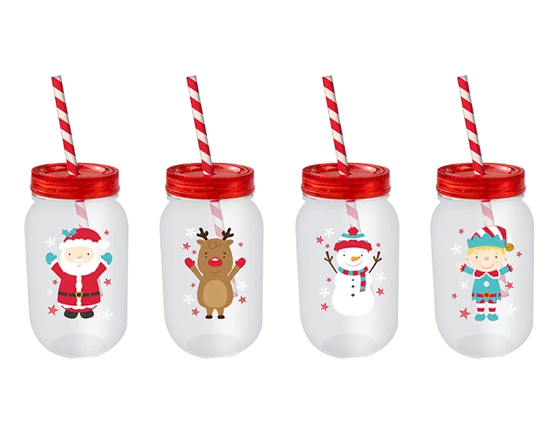 Christmas Mason Drinking Jar &amp; Straw (500ml)