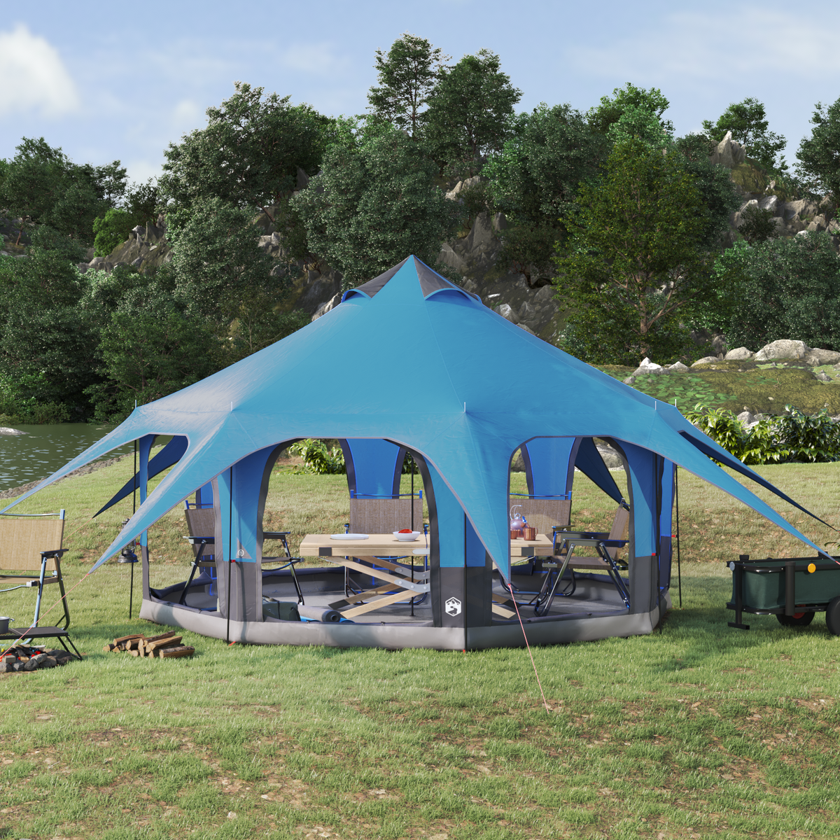 Family Tent 5-Person Blue 185T Polyester with PU Coating