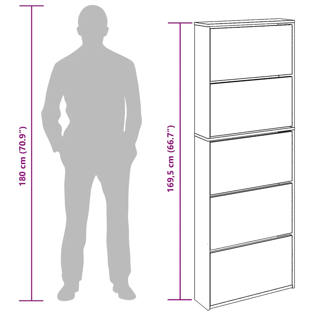 Shoe Cabinet 5-Layer Mirror Oak 63x17x169.5 cm