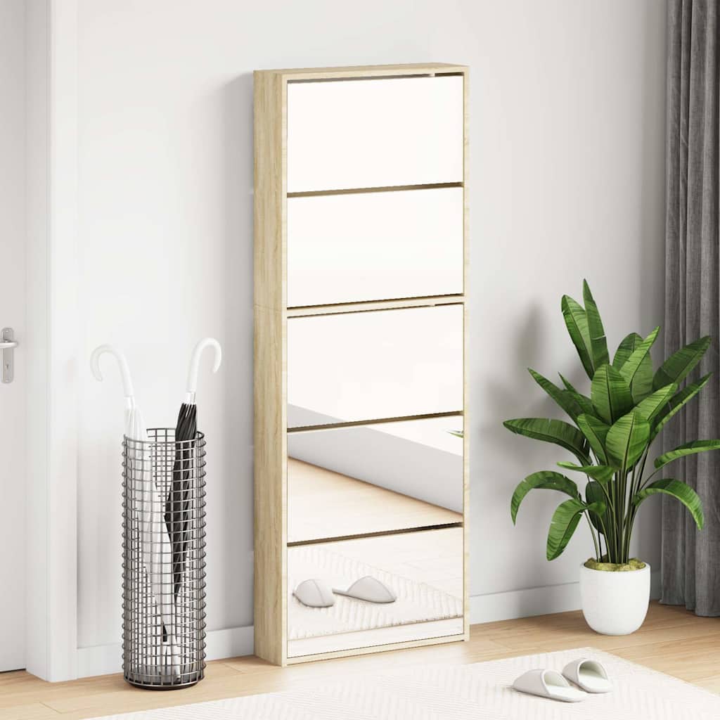 Shoe Cabinet 5-Layer Mirror Oak 63x17x169.5 cm