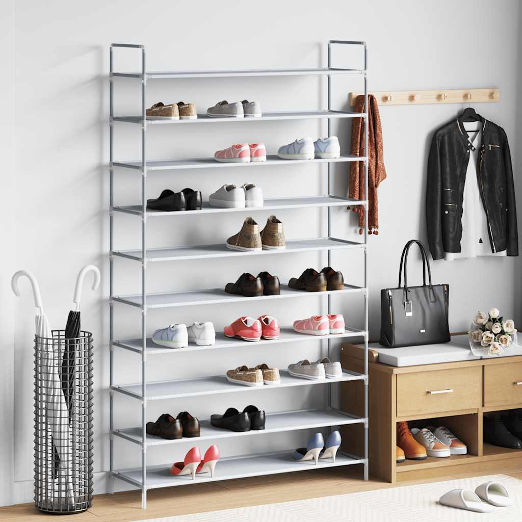 Shoe Rack with 10 Shelves Metal and Non-woven Fabric Silver