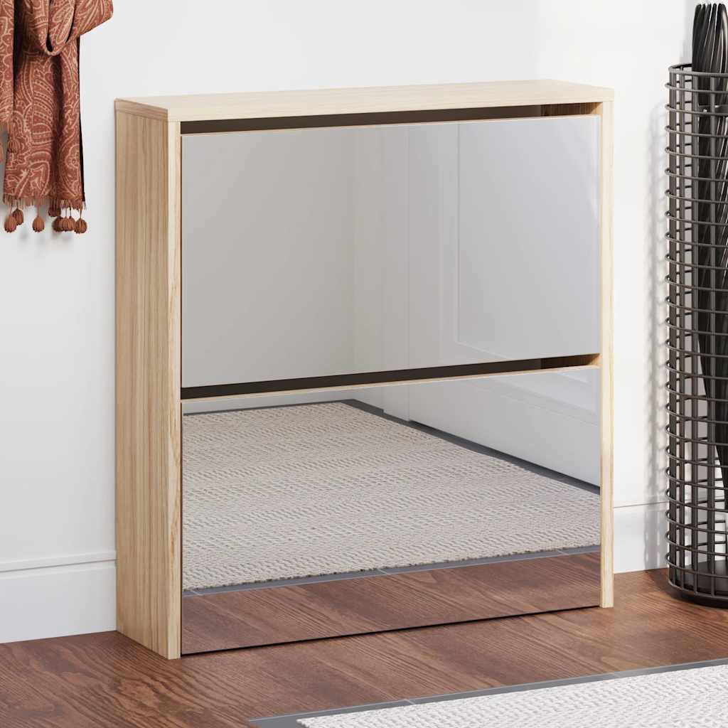 Shoe Cabinet 2-Layer Mirror Oak 63x17x67 cm