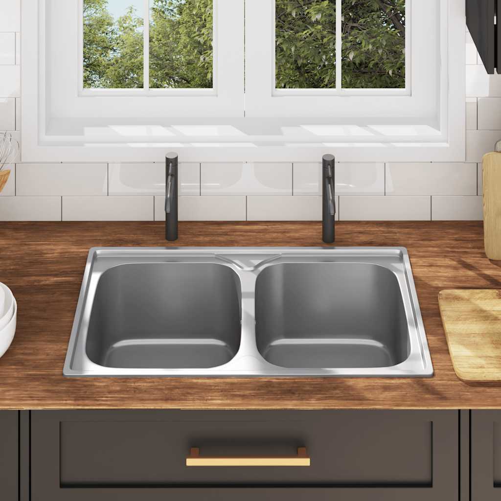 Kitchen Sink Double Basin with Strainer & Trap Stainless Steel