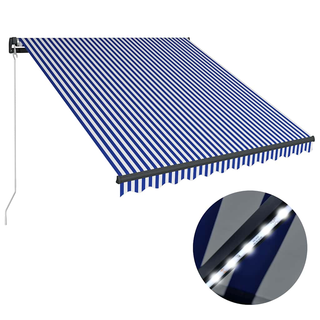 Manual Awning with Solar LED 3.5 x 2.5 m Blue and White Stripe