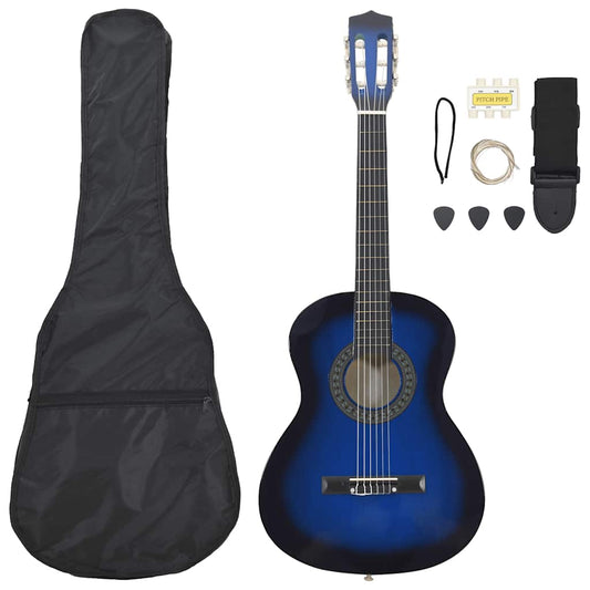 8 Piece Classical Guitar Beginner Set Blue 3/4 36"