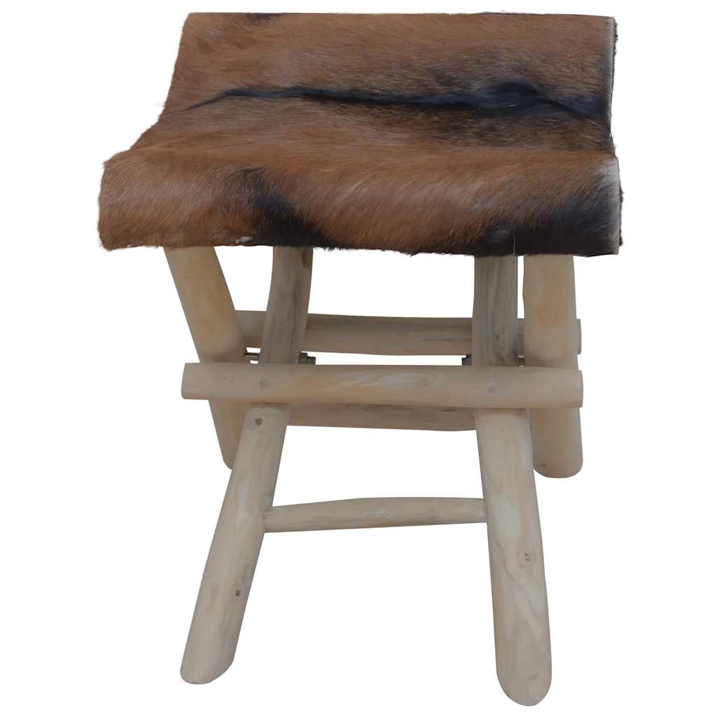 Folding Stool Goatskin Leather and Solid Teak Wood