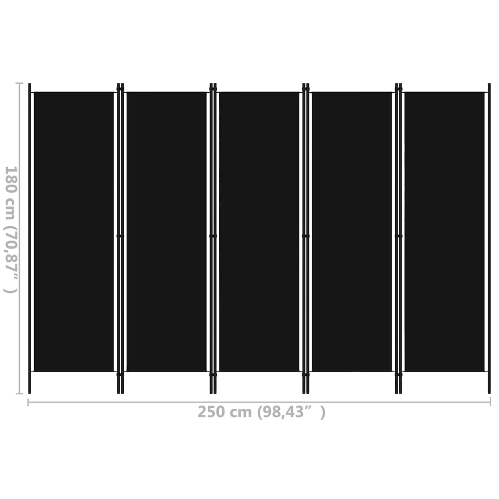 320726 vidaXL 5-Panel Room Divider Black 250x180 cm