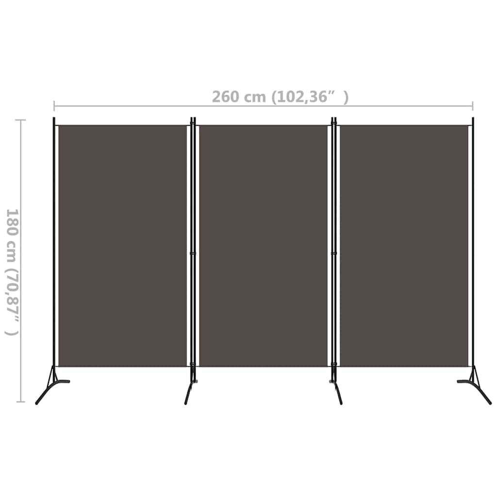 320733 vidaXL 3-Panel Room Divider Anthracite 260x180 cm Fabric