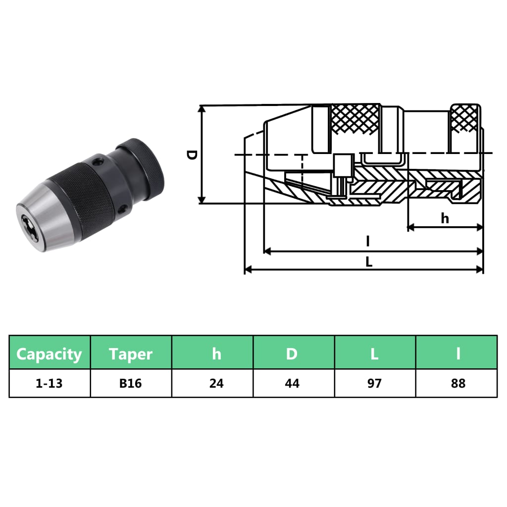 Quick Release Drill Chuck MT2-B16 with 13 mm Clamping Range 1-13B16