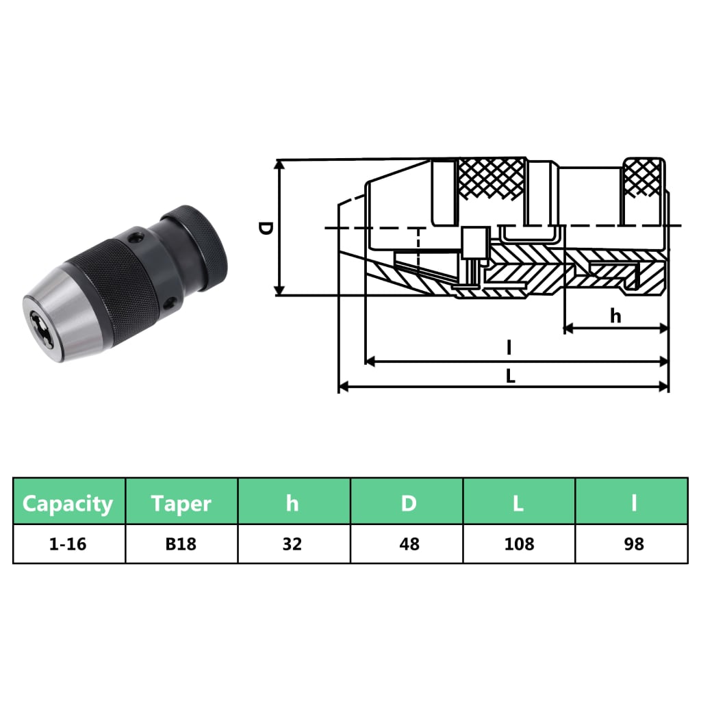 Quick Release Drill Chuck MT2-B18 with 16 mm Clamping Range 1-16B18