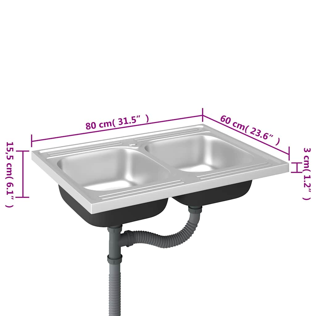 Kitchen Sink with Double Basins Silver 800x600x155 mm
