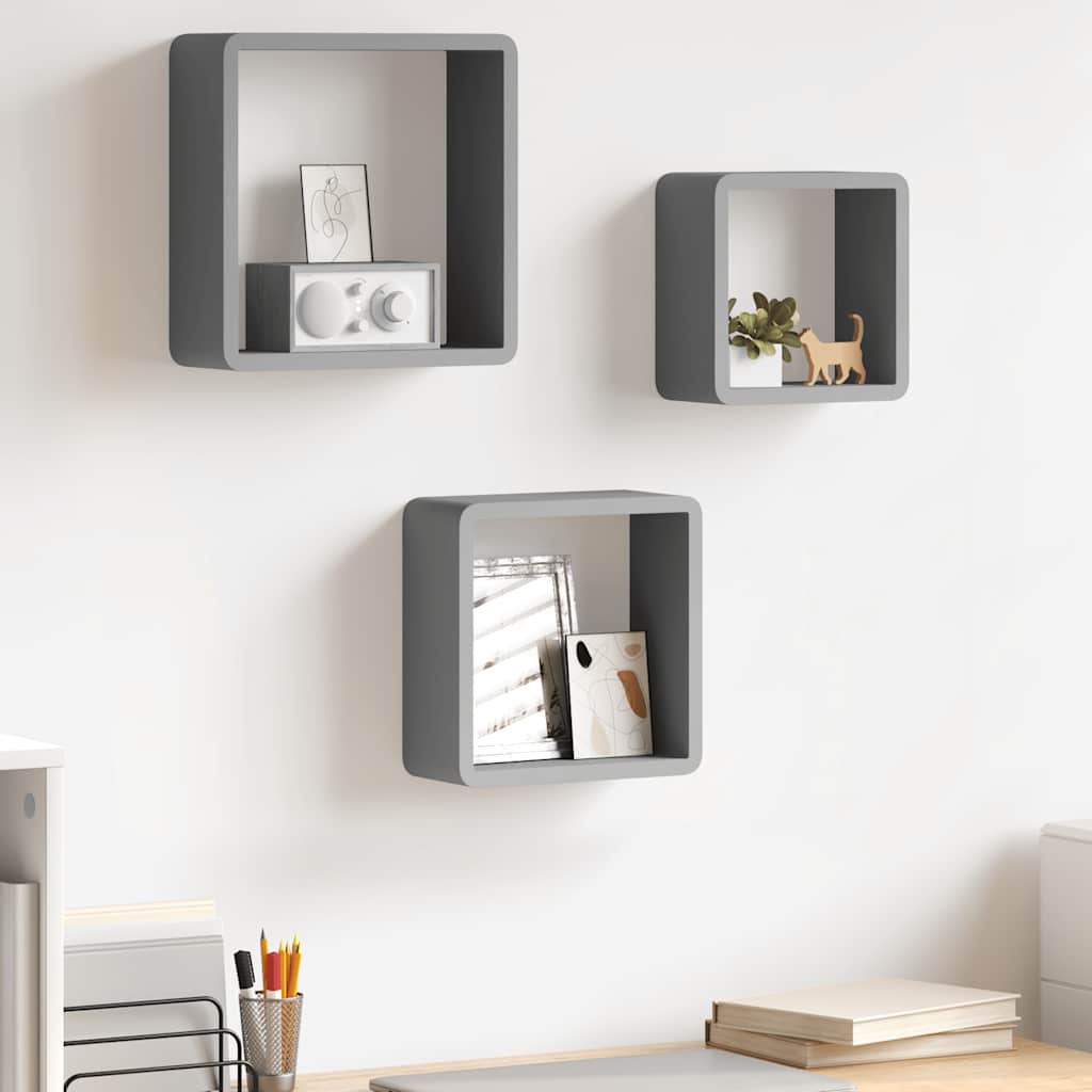 Wall Cube Shelves 3 pcs Grey MDF