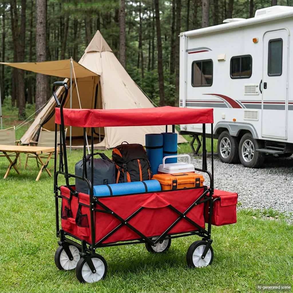 Folding Hand Trolley with Canopy Steel Red