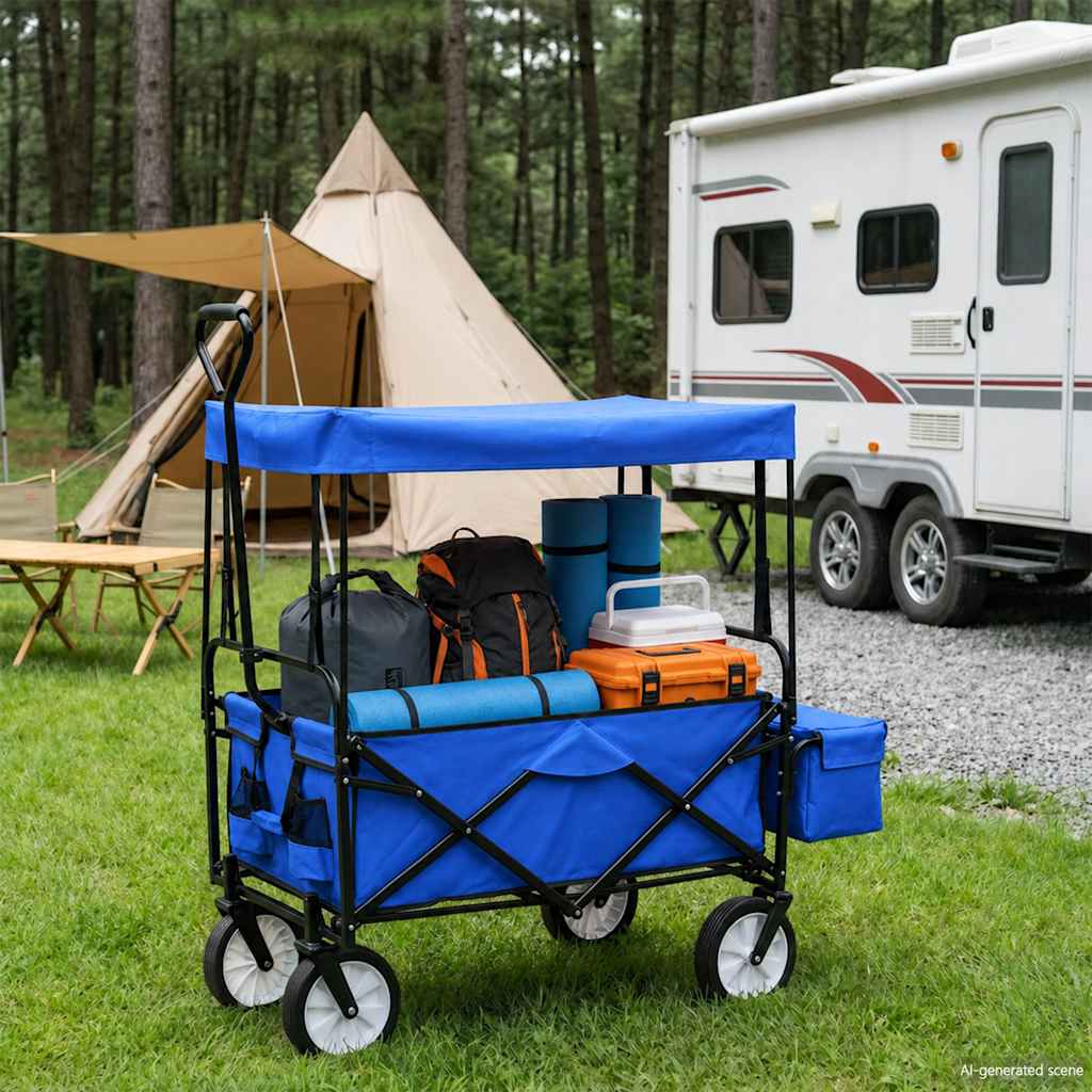 Folding Hand Trolley with Canopy Steel Blue