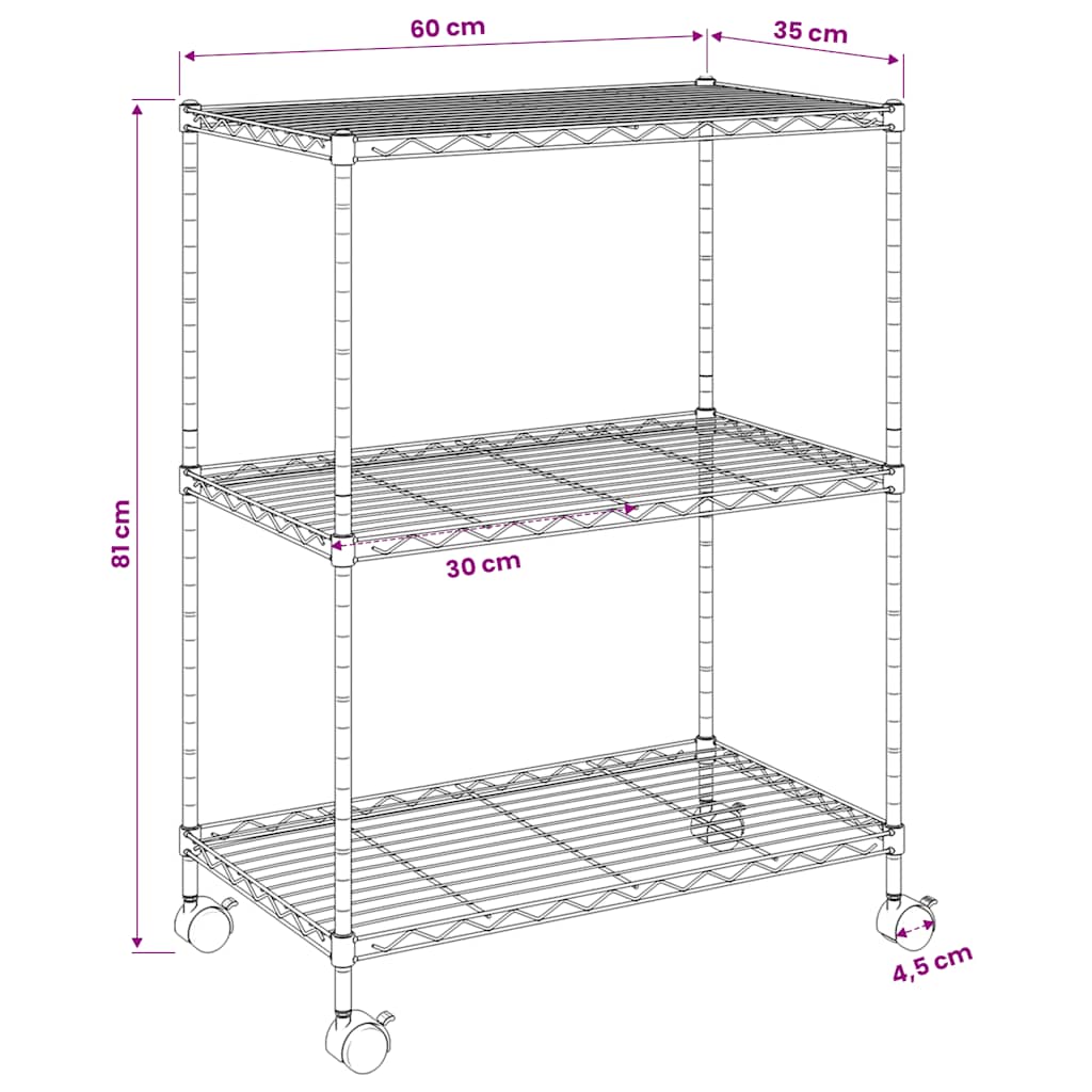 3-Tier Storage Rack with Wheels 60x35x81 cm Chrome 150 kg