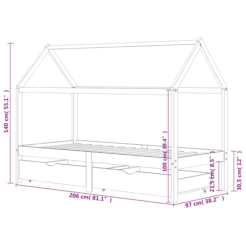 Kids Bed Frame | Natural wood | Solid pine wood | 90x200 cm