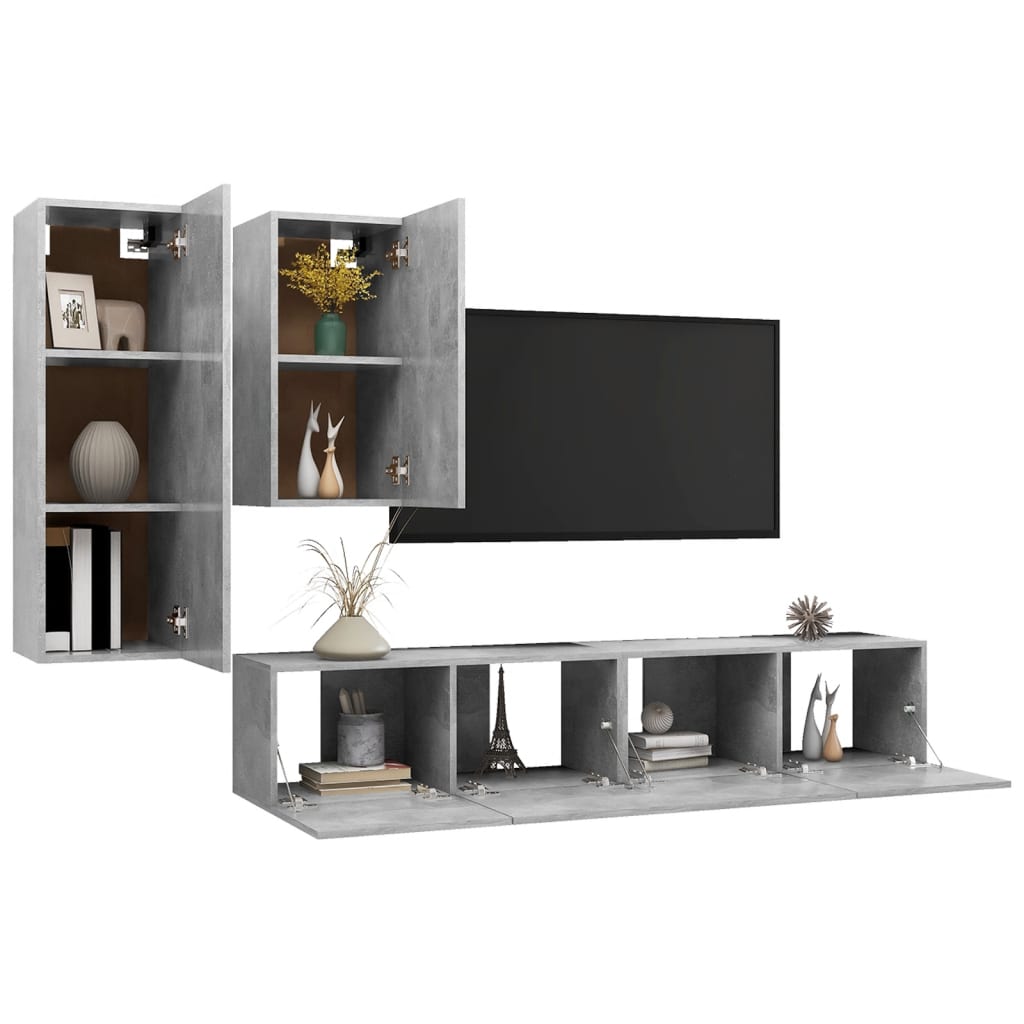 3079152 vidaXL 4 Piece TV Cabinet Set Concrete Grey Engineered Wood (803352+803334+801476x2)