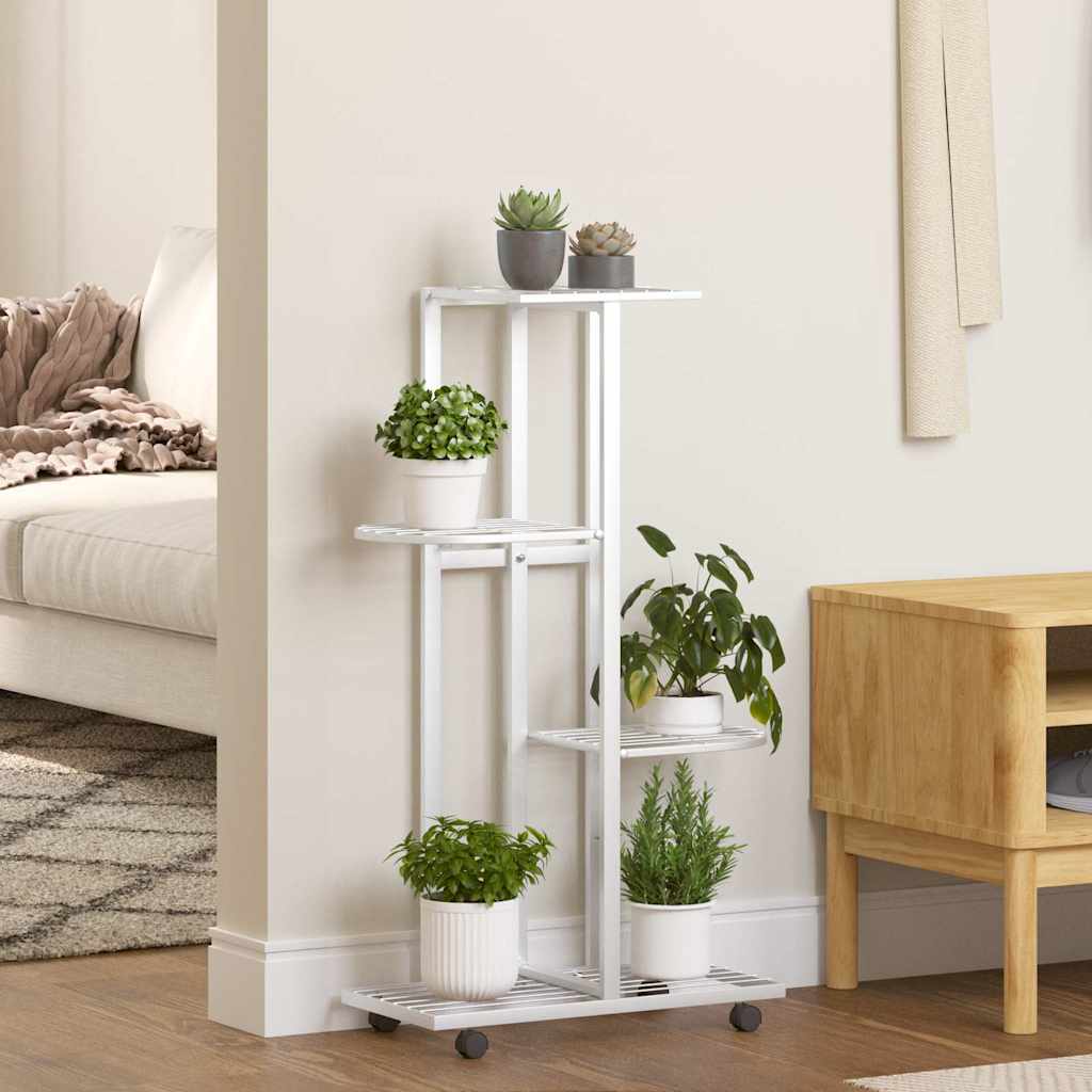 4-Floor Flower Stand with Wheels 44x23x80 cm White Iron