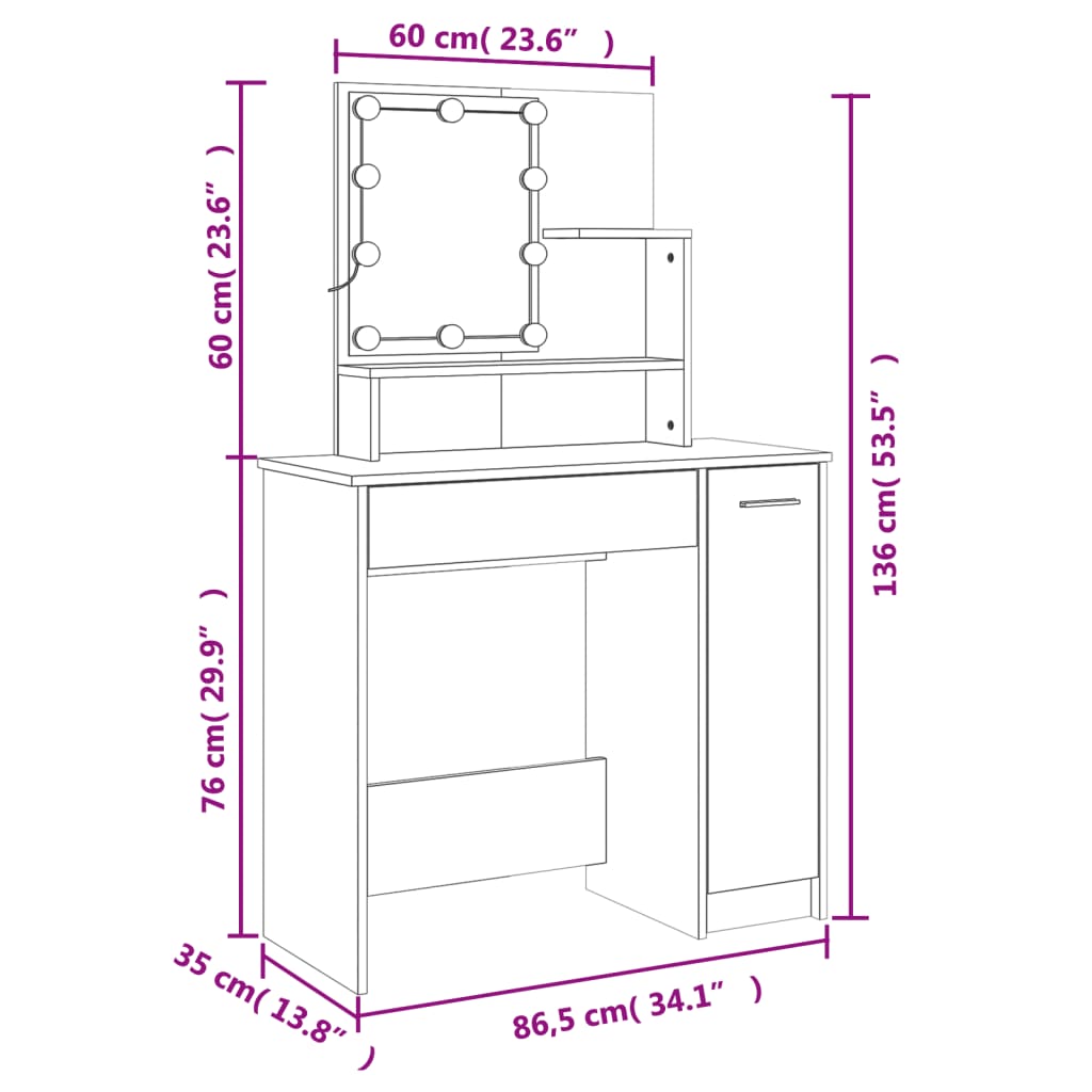 Dressing Table Set with LED Concrete Grey Engineered Wood