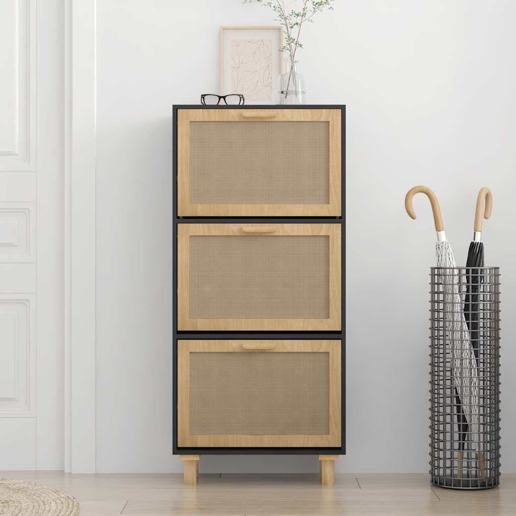 Shoe Cabinet Black 52x25x115 cm Engineered Wood&Natural Rattan