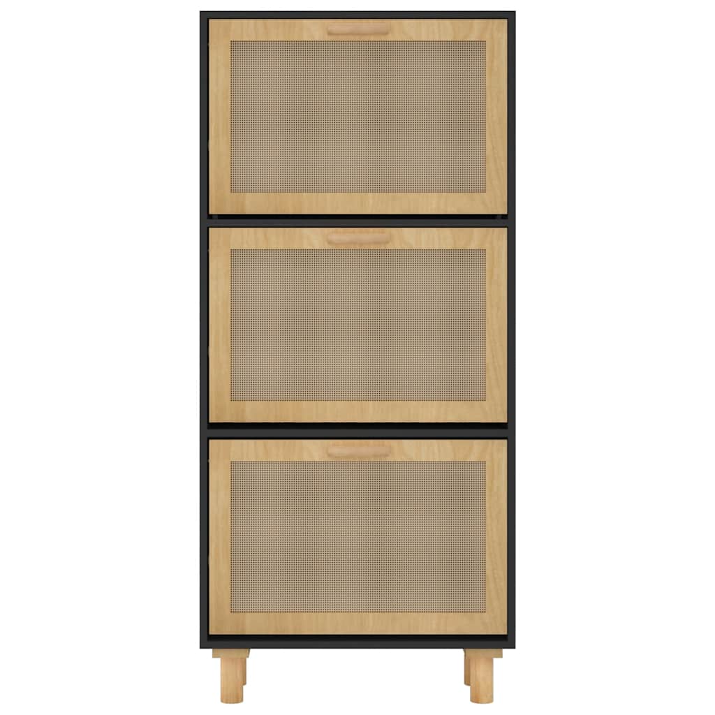Shoe Cabinet Black 52x25x115 cm Engineered Wood&Natural Rattan