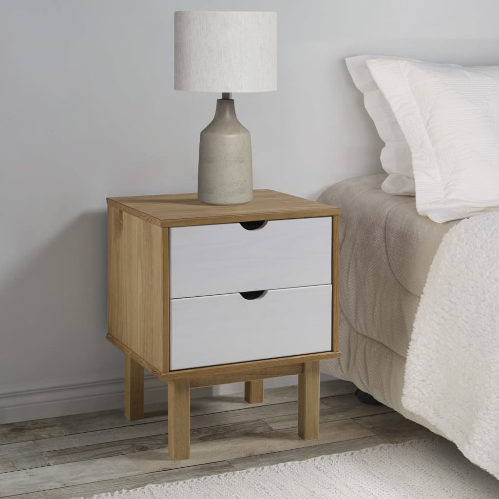 Bedside Cabinet | Brown and White | Solid Pine Wood, Engineered Wood