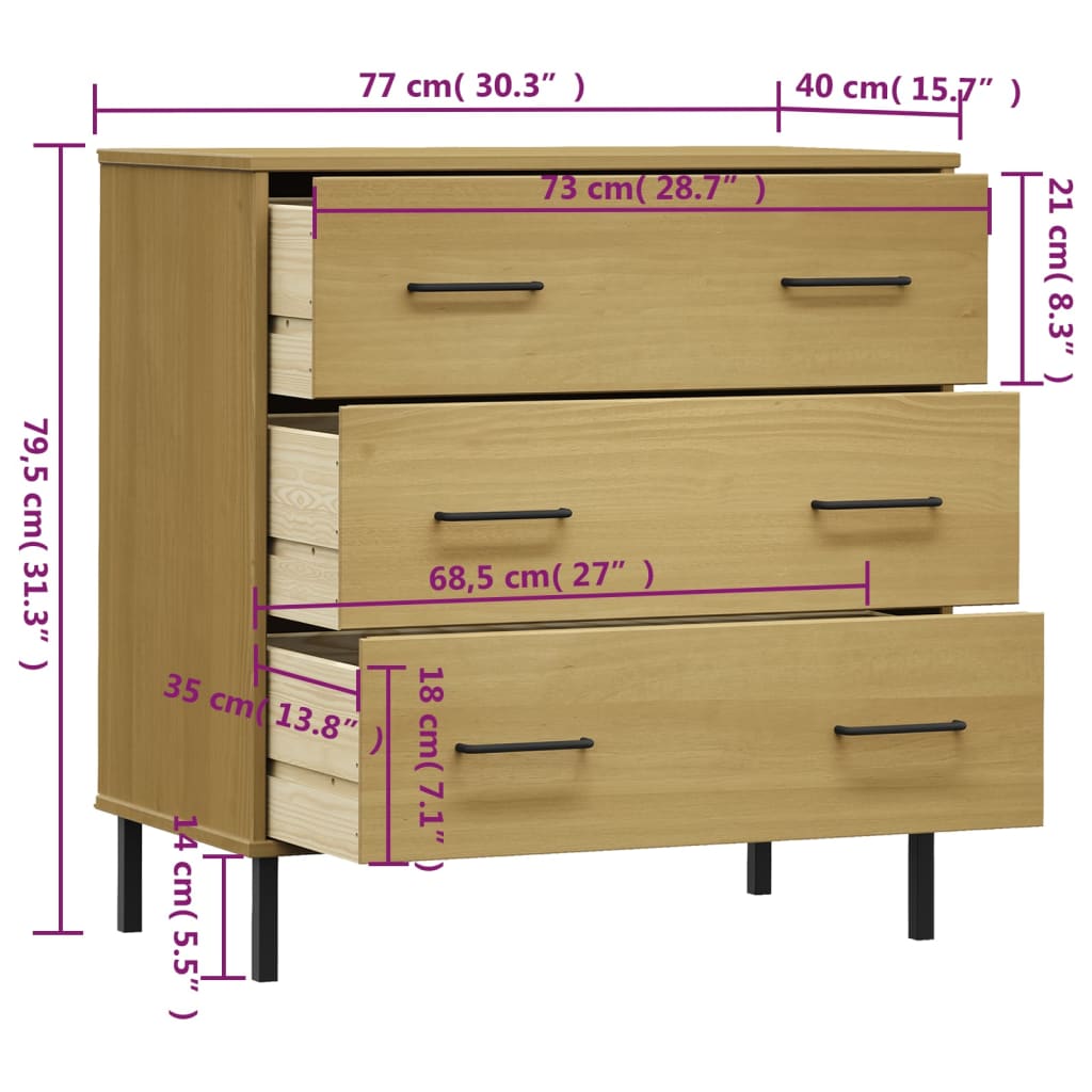 Sideboard with 3 Drawers Brown 77x40x79.5 cm Solid Wood OSLO