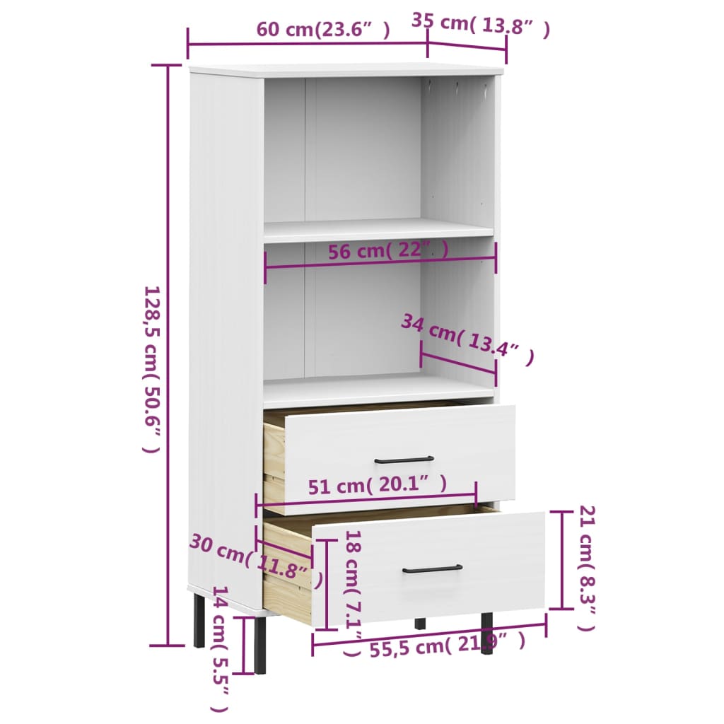 Bookcase with 2 Drawers White 60x35x128.5 cm Solid Wood OSLO