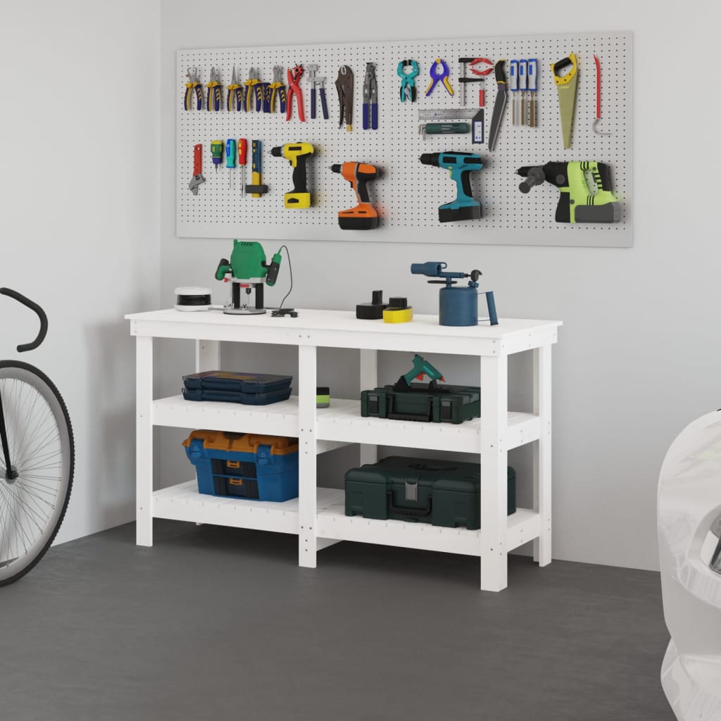 Work Bench with Shelf White 142.5 x 50 x 80 cm Solid Pine Wood
