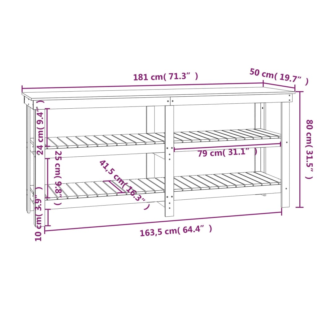 Work Bench with Shelf White 181 x 50 x 80 cm Solid Pine Wood