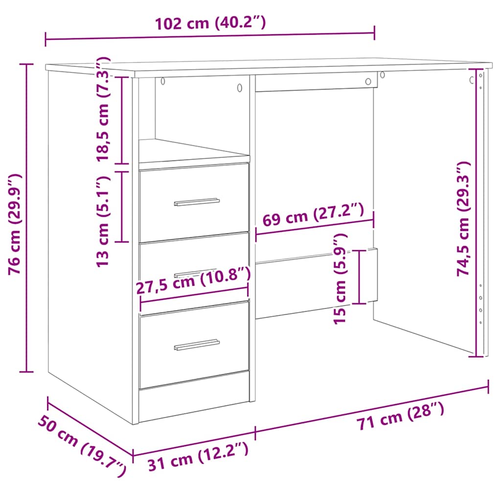 Desk with Drawers White 102x50x76 cm Engineered Wood