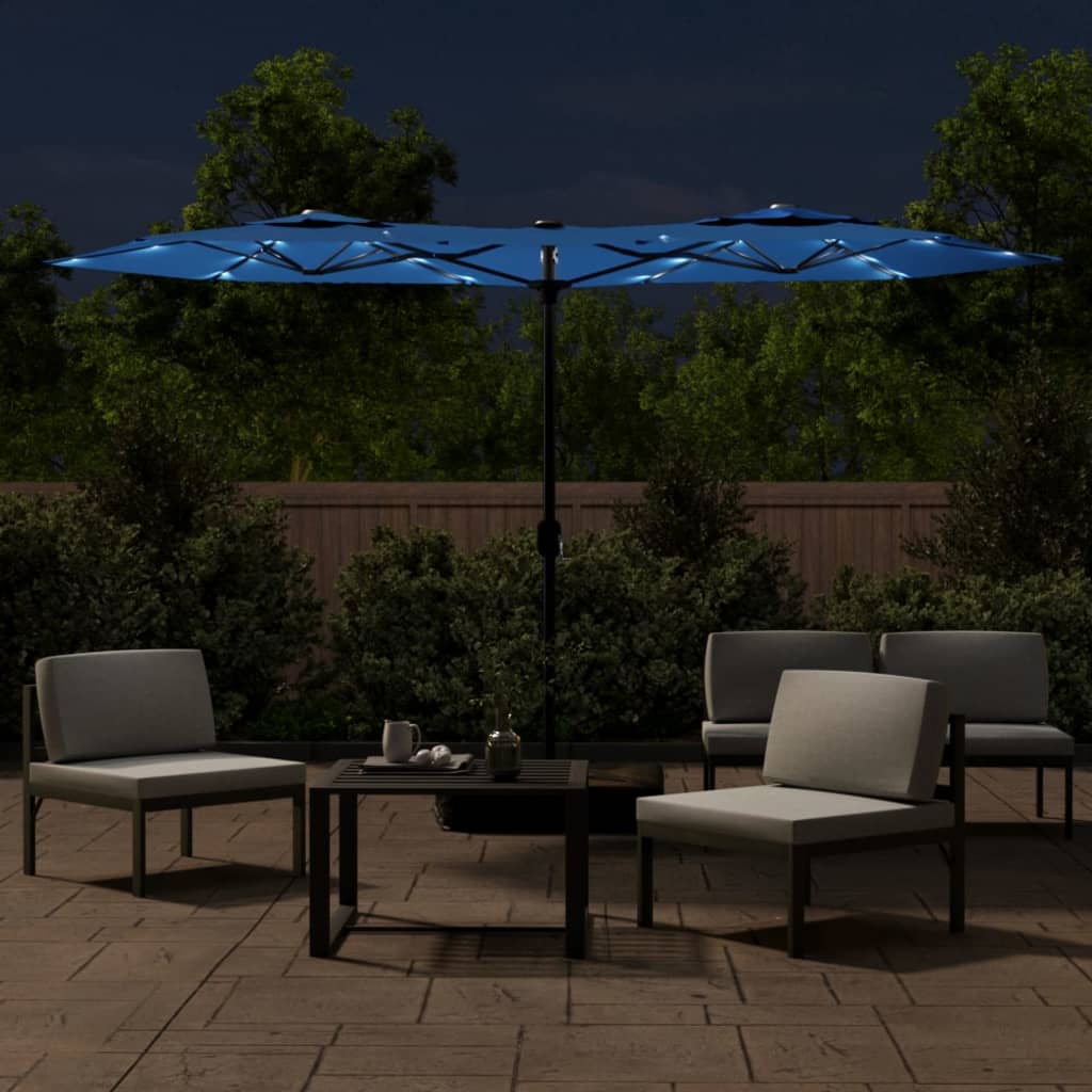 Double-Head Garden Parasol with LEDs Azure Blue 316x145 cm