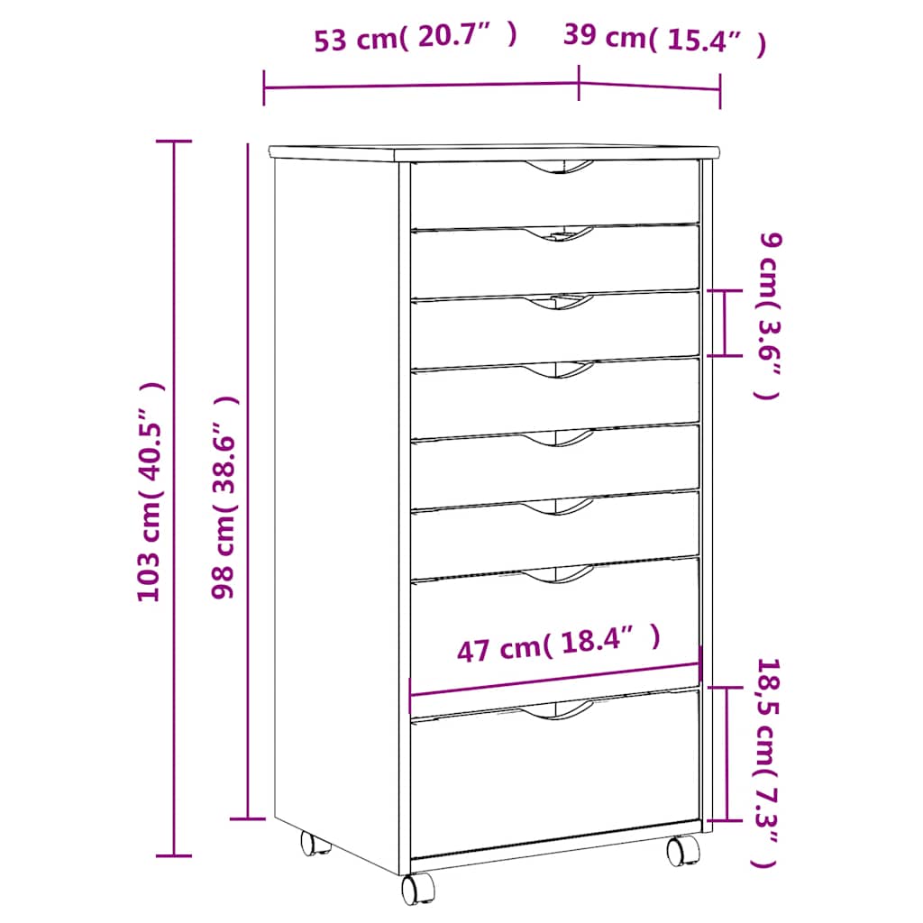 Rolling Cabinet with Drawers "MOSS" Honey Brown Solid Wood Pine