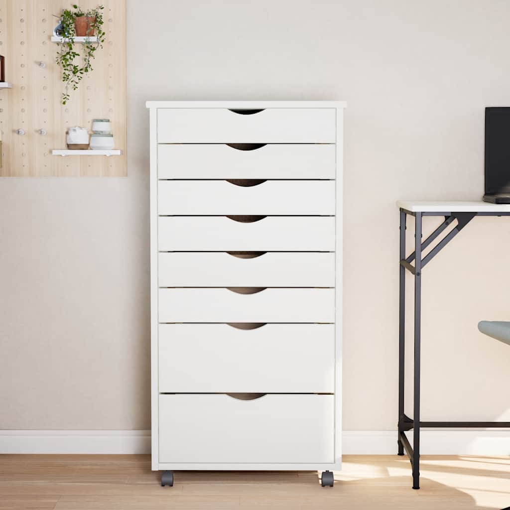 Rolling Cabinet with Drawers "MOSS" White Solid Wood Pine