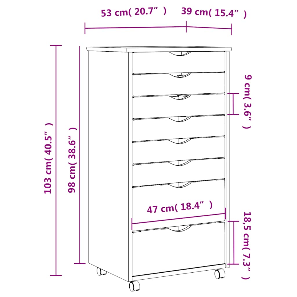 Rolling Cabinet with Drawers "MOSS" White Solid Wood Pine