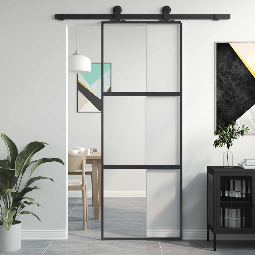 Sliding Door Black 76x205 cm Tempered Glass and Aluminium
