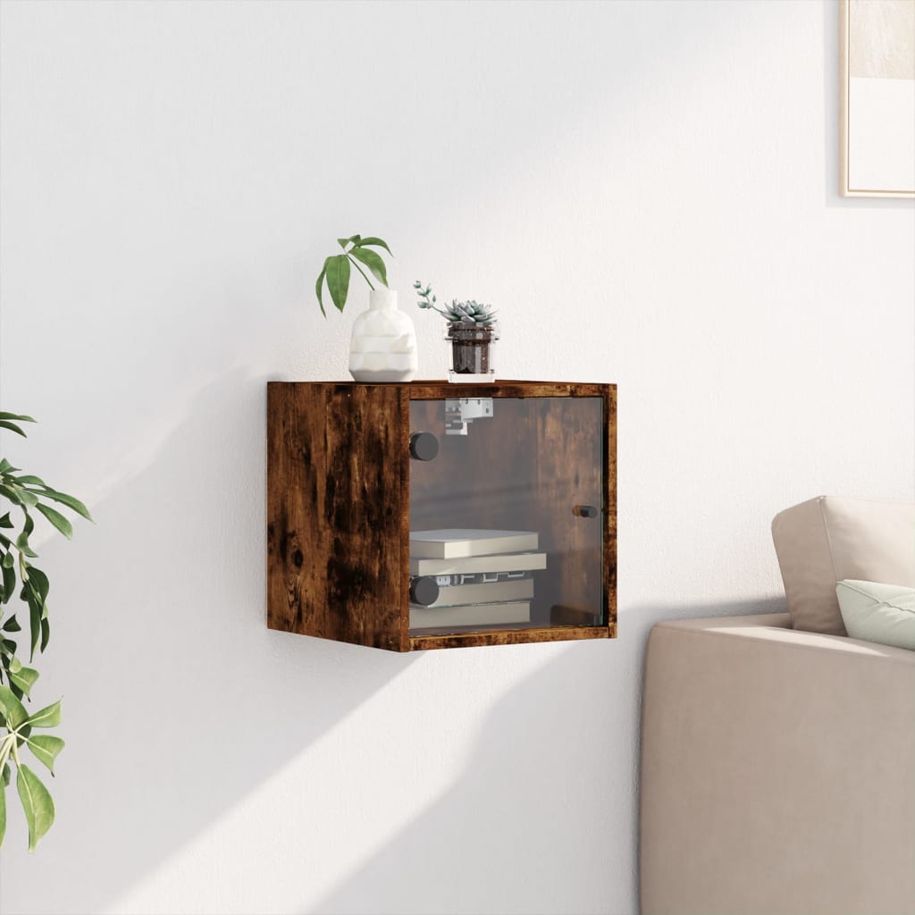 Bedside Cabinet with Glass Door Smoked Oak 35x37x35 cm