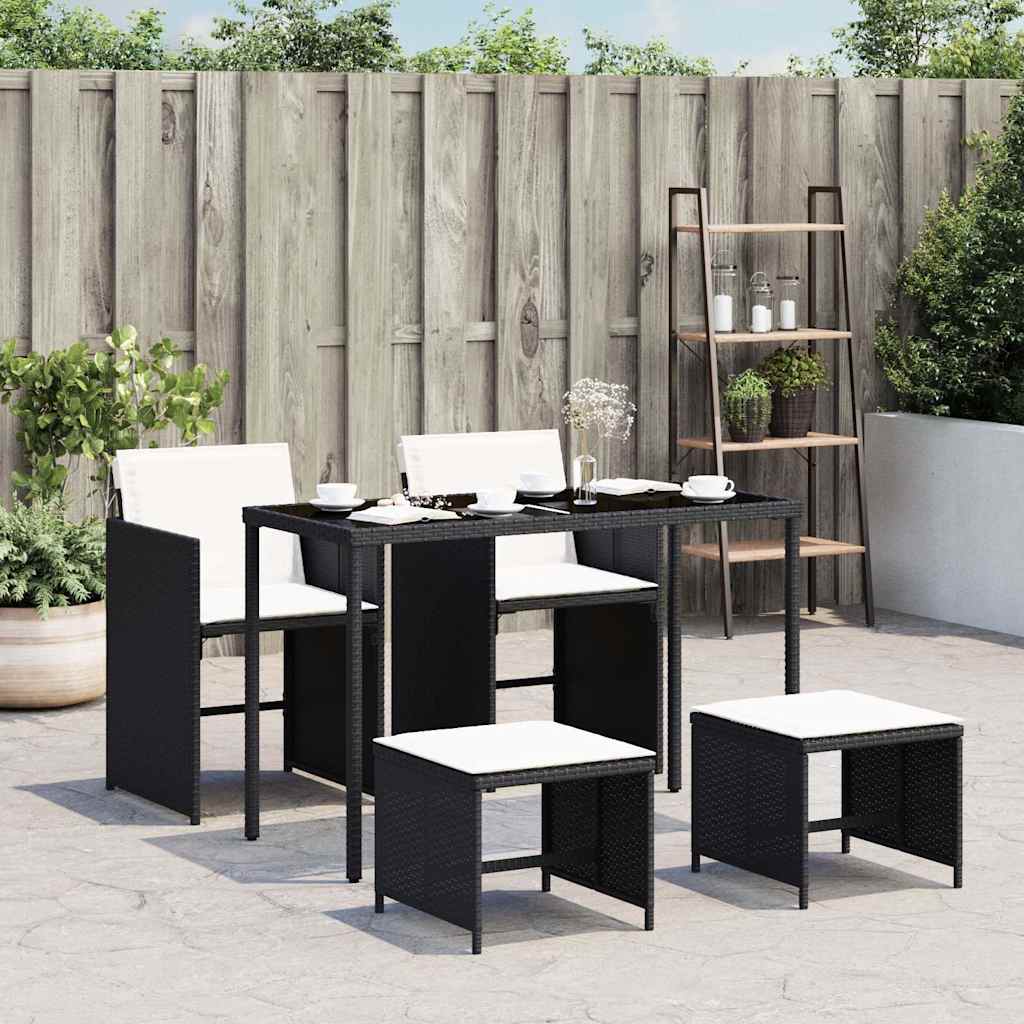 5 Piece Garden Dining Set with Cushions Black Poly Rattan