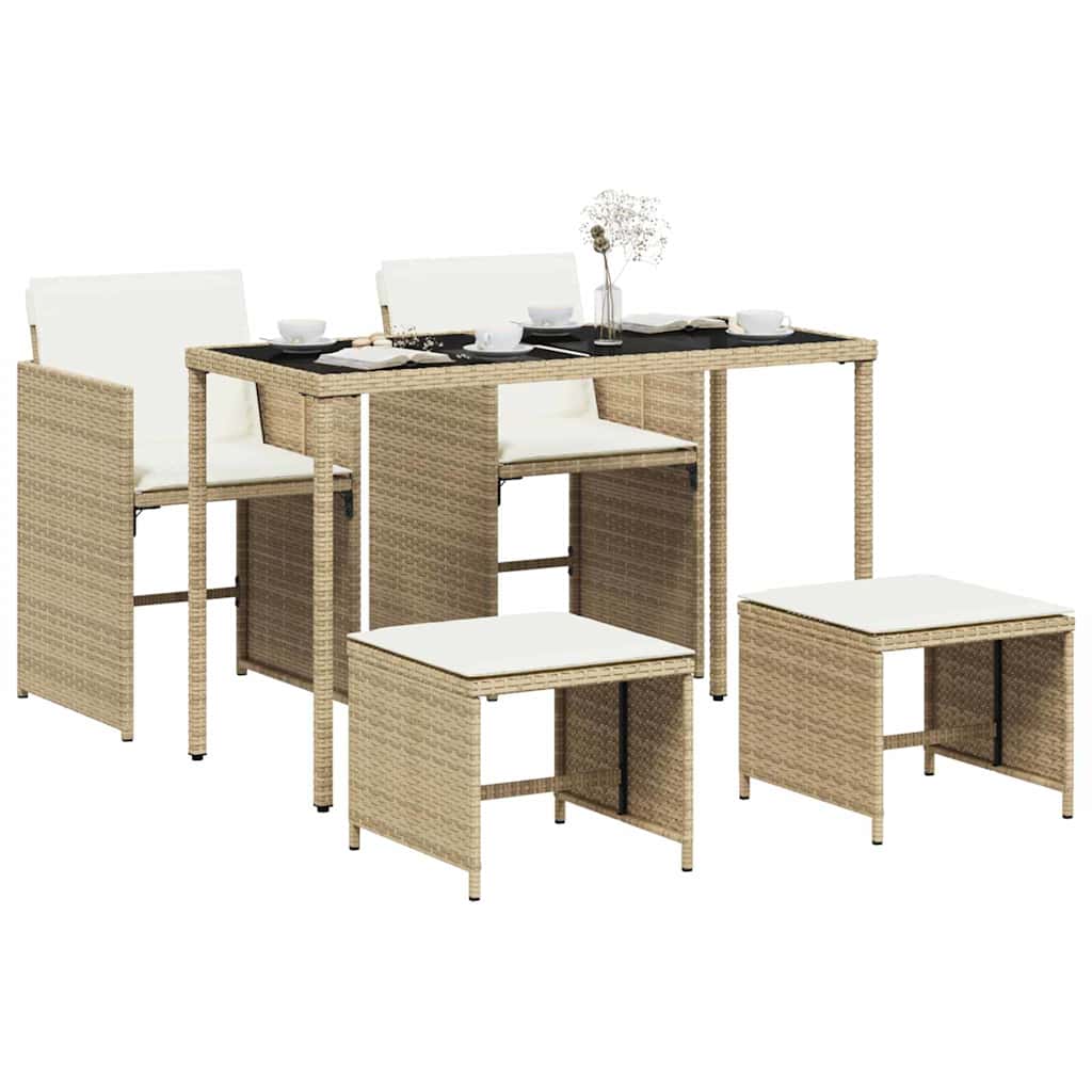 5 Piece Garden Dining Set with Cushions Beige Poly Rattan