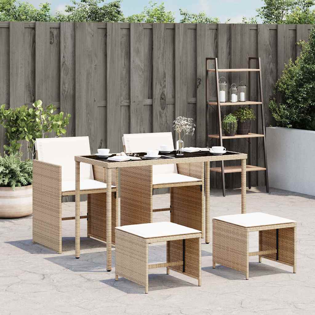 5 Piece Garden Dining Set with Cushions Beige Poly Rattan