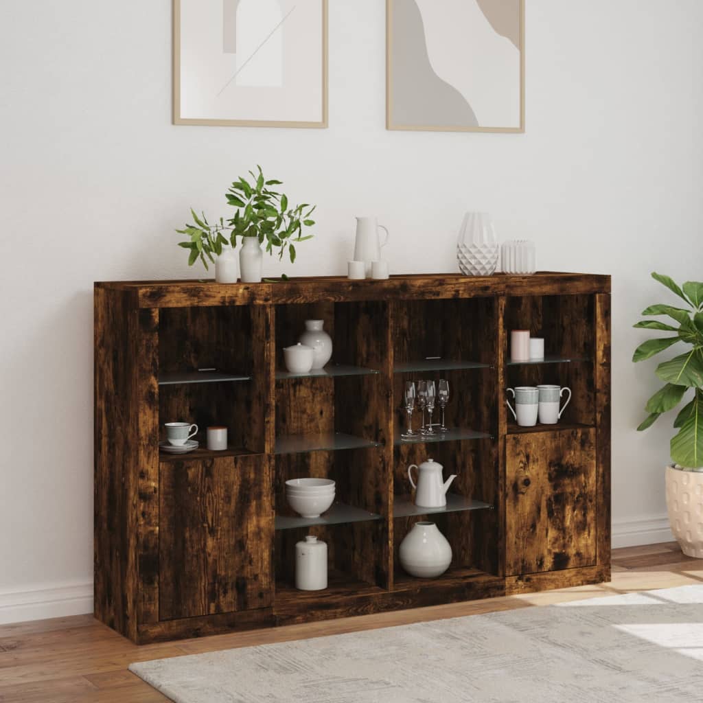 Sideboards with LED Lights 3 pcs Smoked Oak Engineered Wood