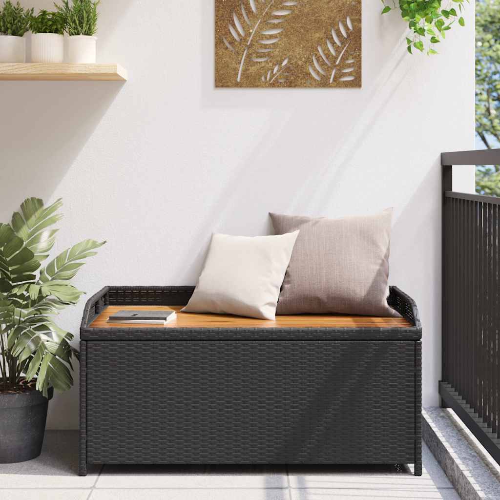 Storage Bench Black 100x50x52 cm Poly Rattan and Acacia Wood