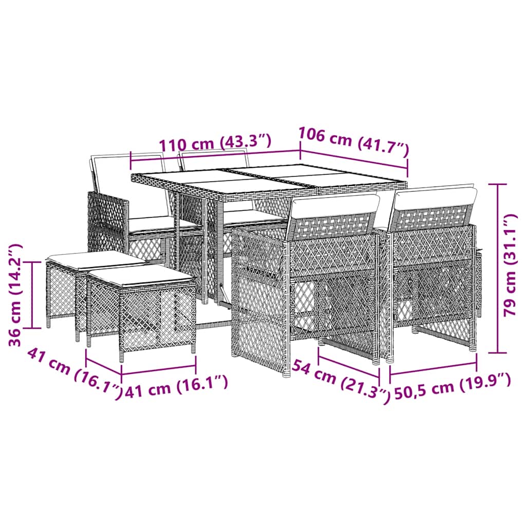 9 Piece Garden Dining Set with Cushions Black Poly Rattan