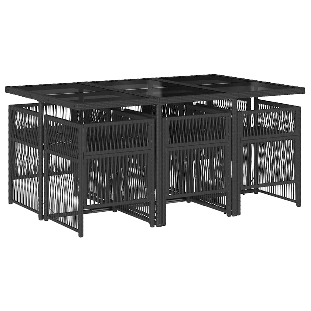 7 Piece Garden Dining Set with Cushions Black Poly Rattan