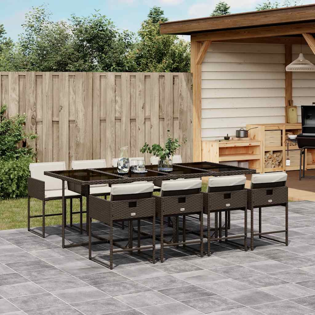 9 Piece Garden Dining Set with Cushions Brown Poly Rattan