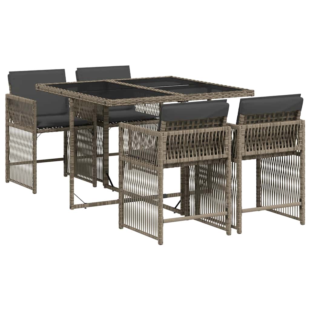 5 Piece Garden Dining Set with Cushions Grey Poly Rattan