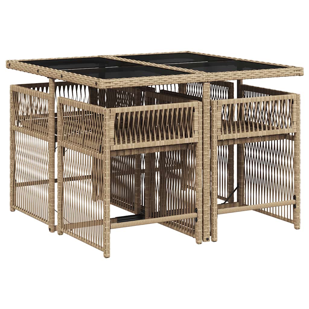 5 Piece Garden Dining Set with Cushions Beige Poly Rattan