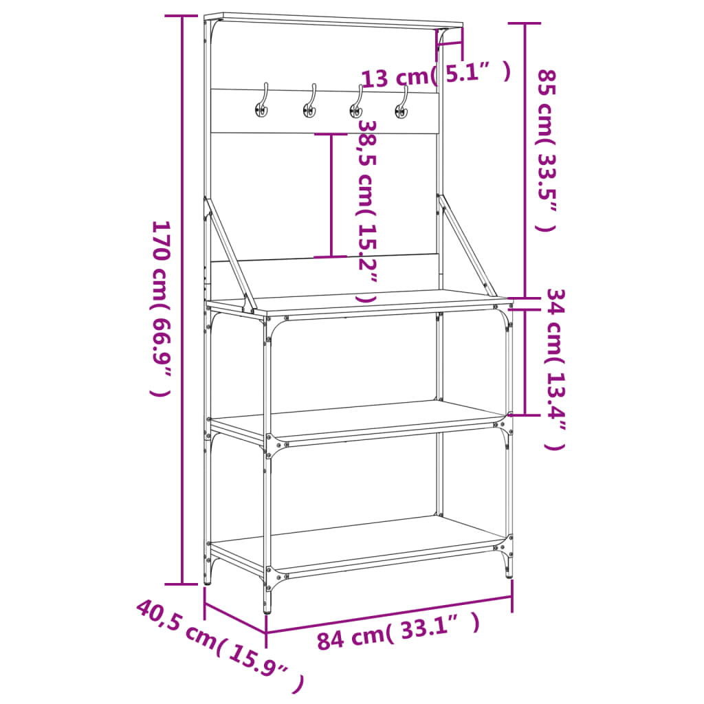 Baker's Rack with Hooks 4-Tier Sonoma Oak Engineered Wood